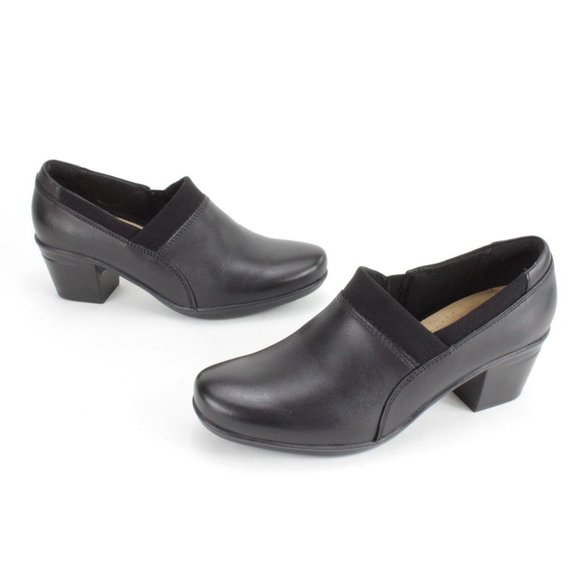 Clarks Emslie Summit Black Leather Pumps Loafer Slip on Shoes Size 6 Womens - Picture 1 of 6